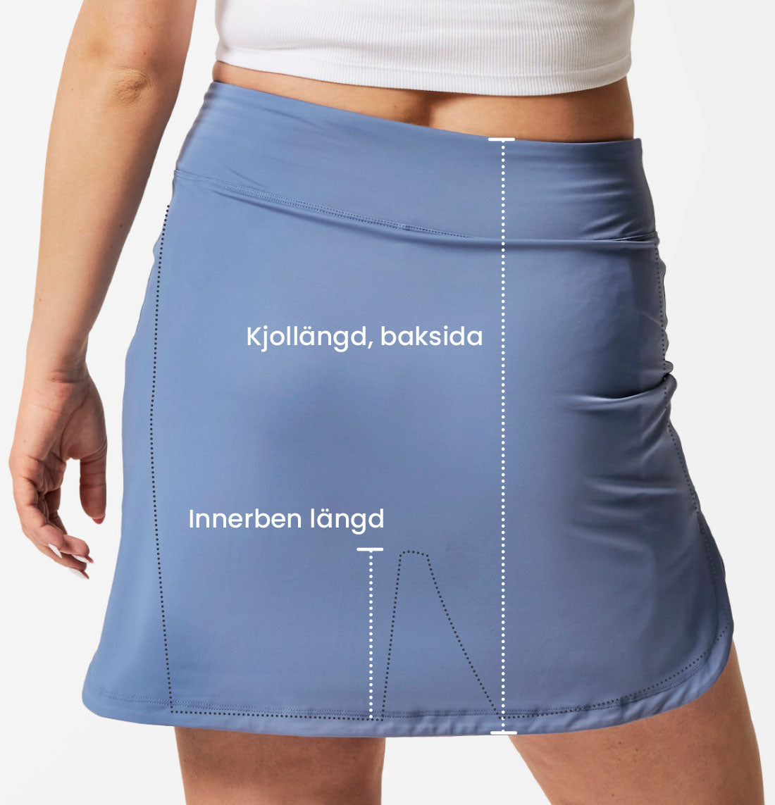 Mått på kjolen. Längd baksida och innerben.