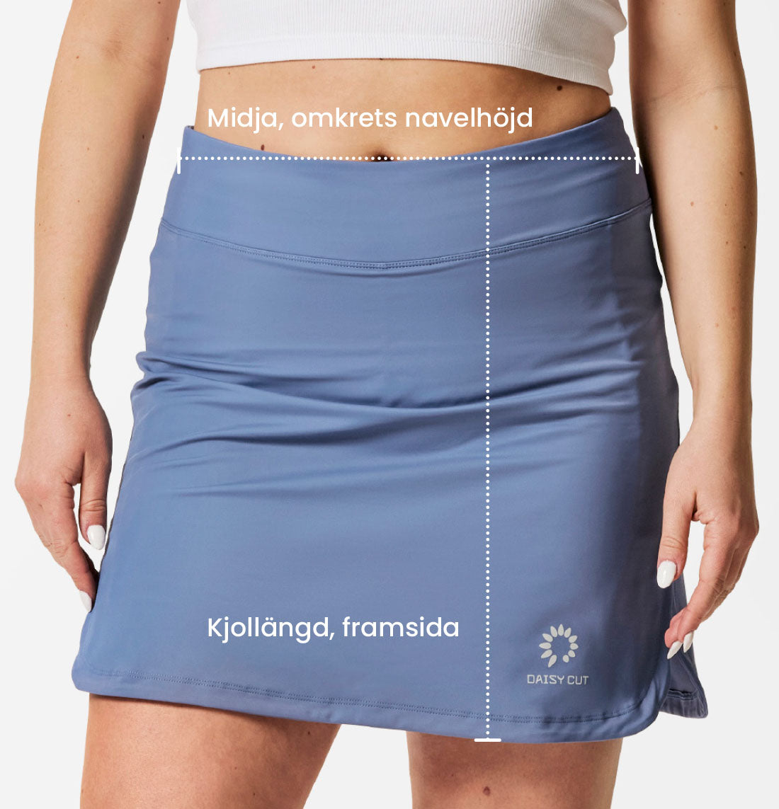 Mått på kjolen. Längd framsida. Midja, omkrets navelhöjd.