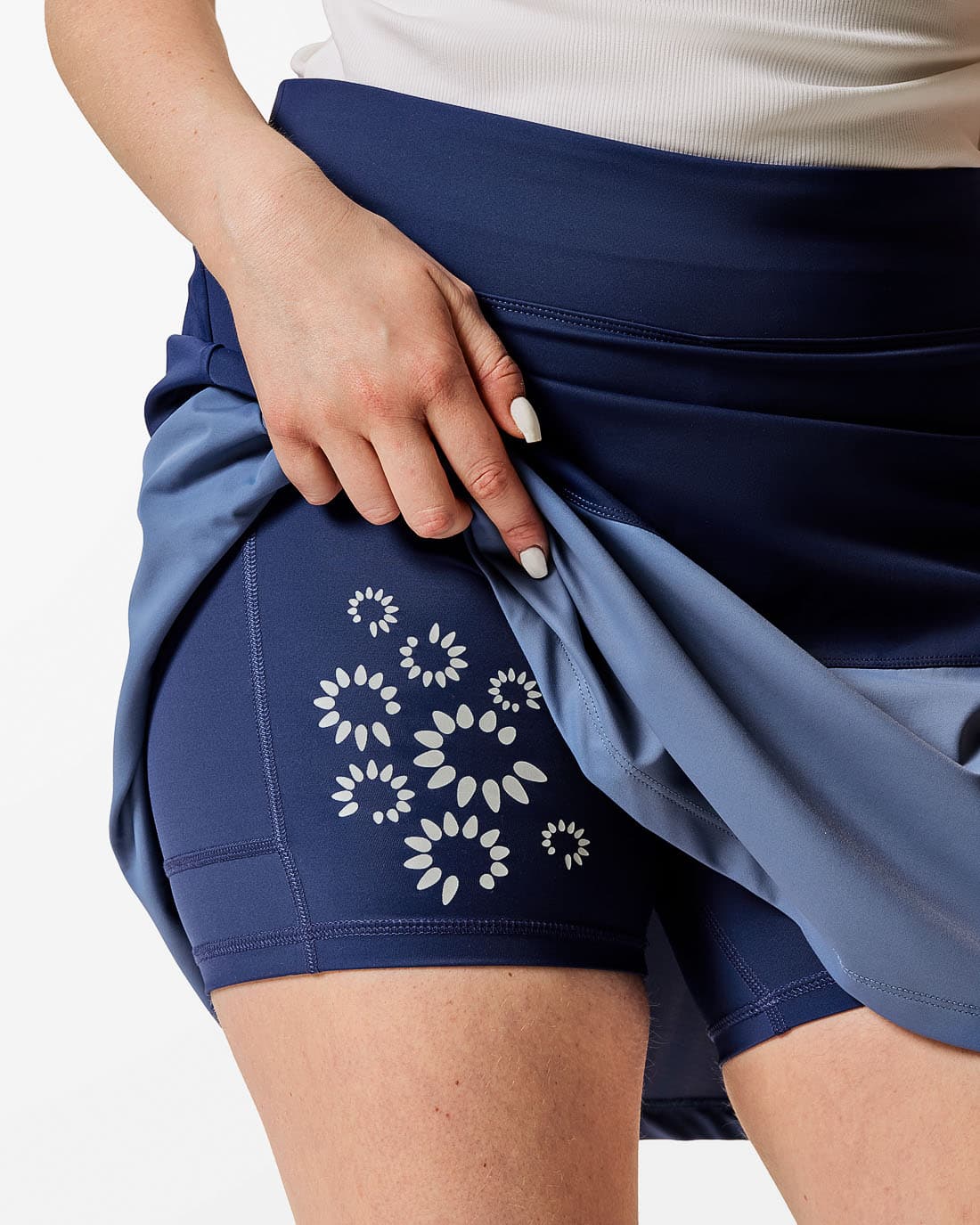 Sportkjol med blomtryck på innerbyxan. Tvåfärgad. Mörkblå överst och ljusblå nederst.